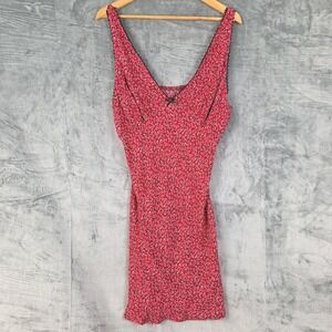 Womens Slip Dress Medium Red Babydoll Y2K Romantic Floral Plunge Mini Coquette